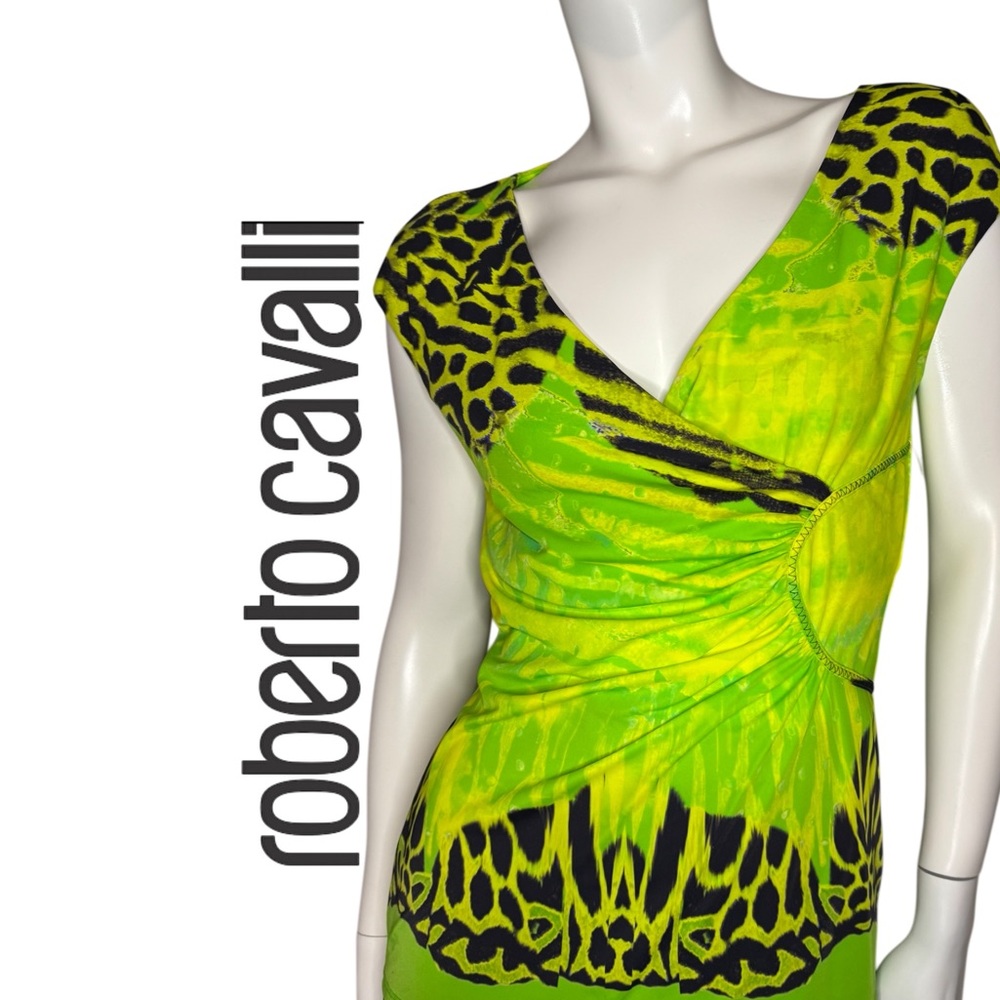 Roberto Cavalli Lime and Black Animal Print Top